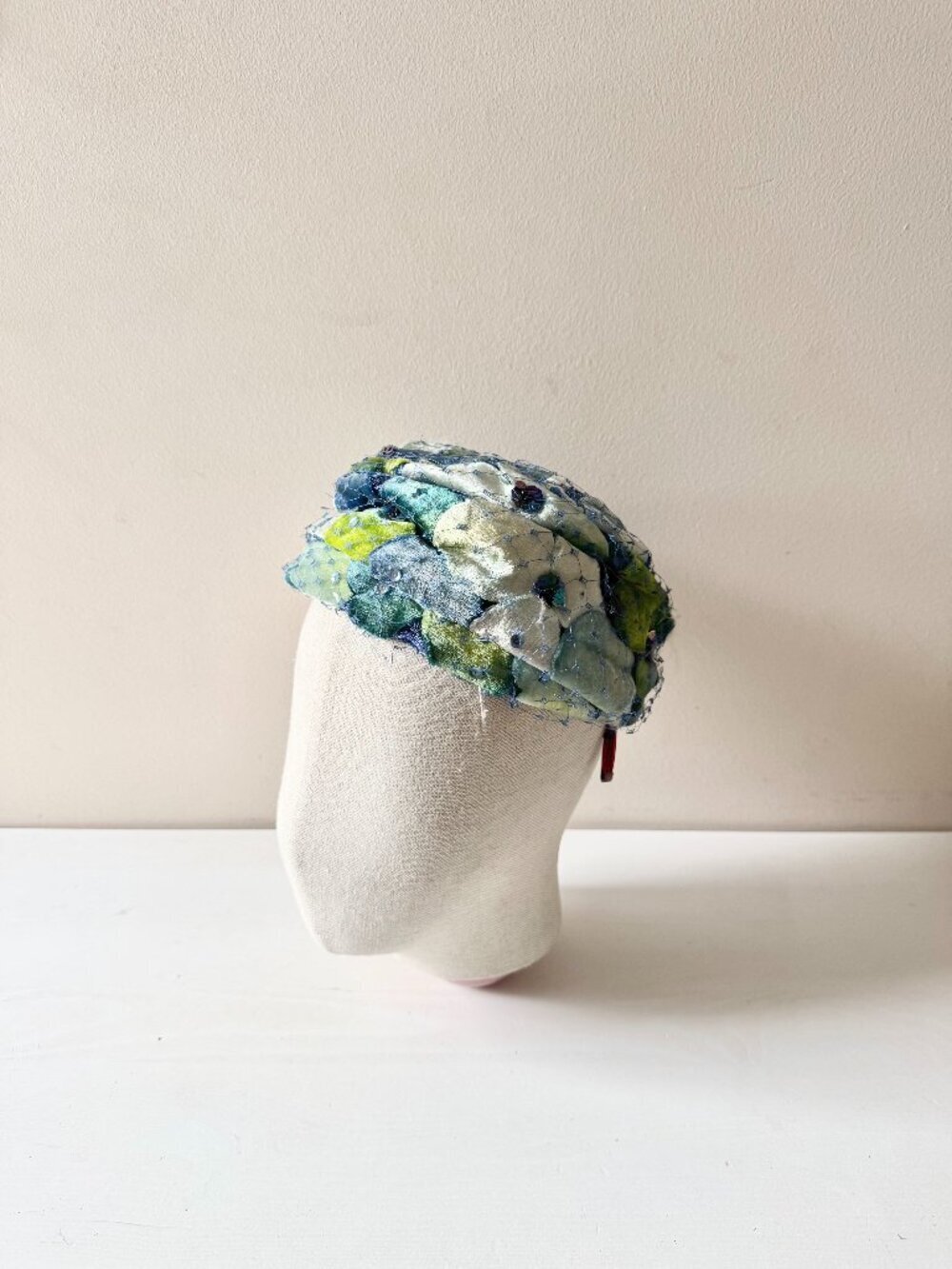 Vintage MR HENRI Blue Green Velvet Petal Sequin Mesh Netting Beehive Hat